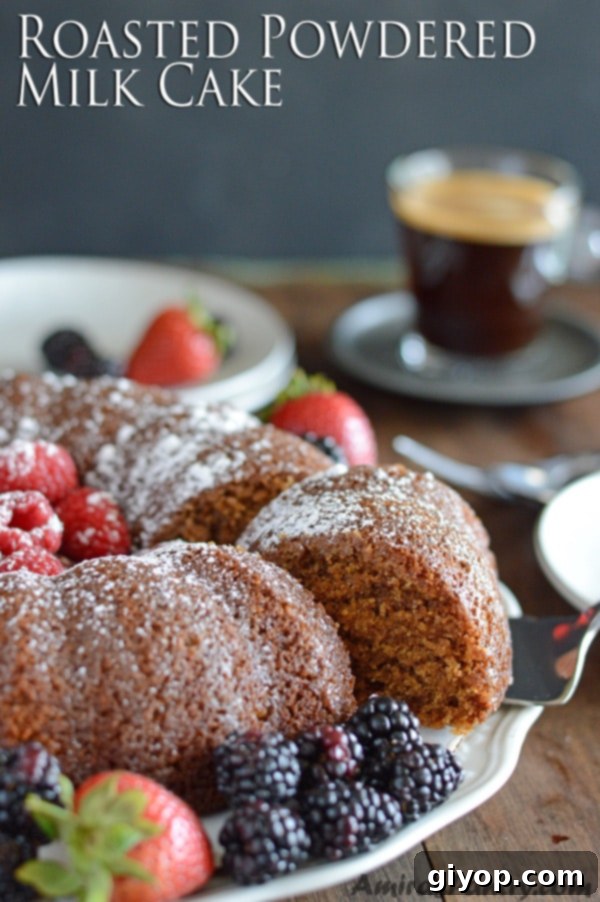 Caramelized Milk Powder Cake 2 A plate of food on a table, with powdered Cake