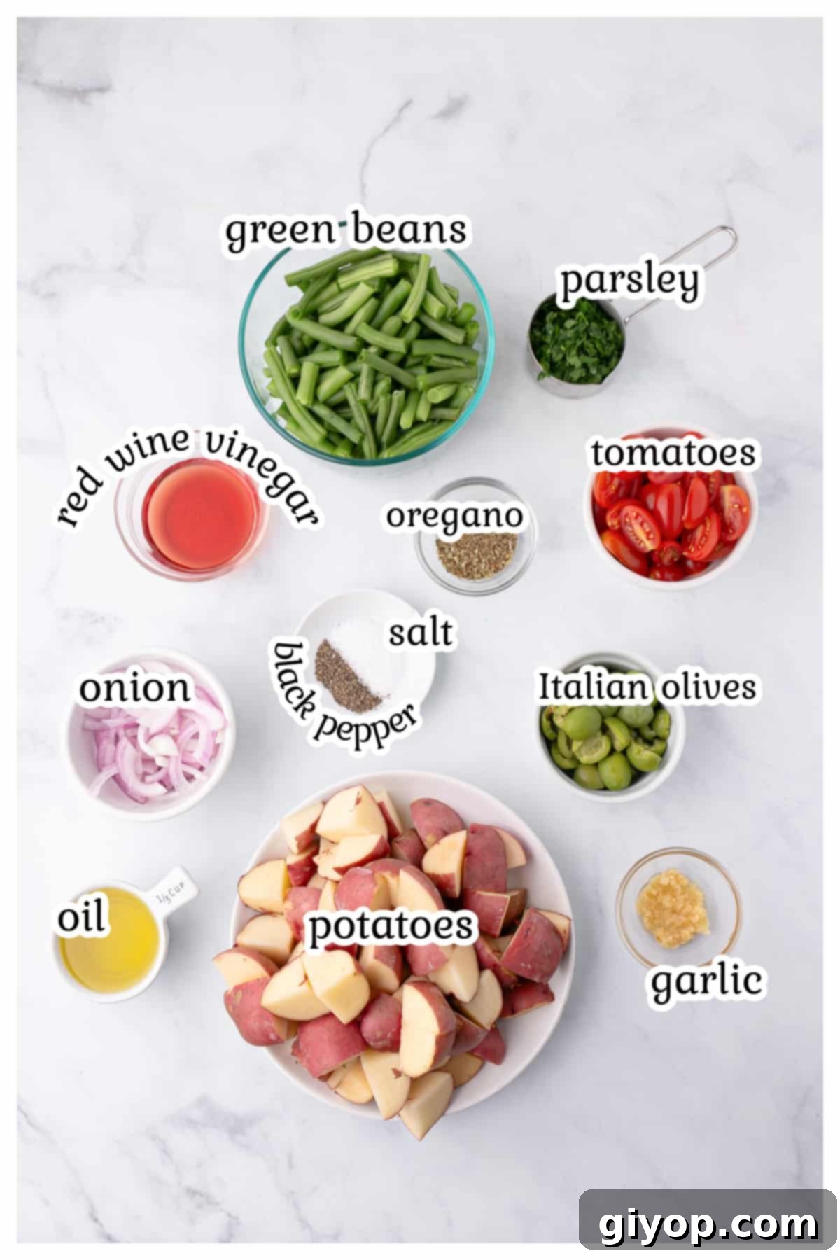 Zesty Italian Potato Salad 3 Ingredients for the salad with text overlay.