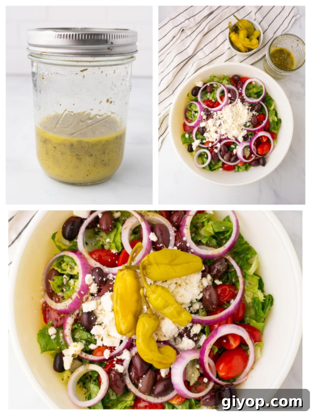 A collage with instructions to make the salad.