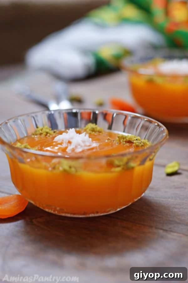 Sun-Dried Apricot Qamar Al-Deen Pudding 8 A glass cup with Apricot pudding