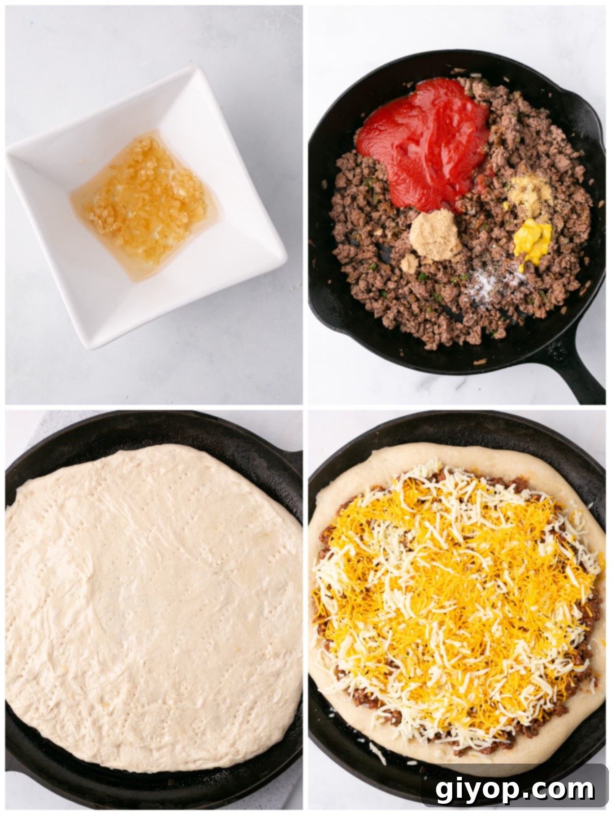 A four-panel collage showing the step-by-step process of making Sloppy Joe Pizza, from preparing the meat mixture to baking the final cheesy pizza.