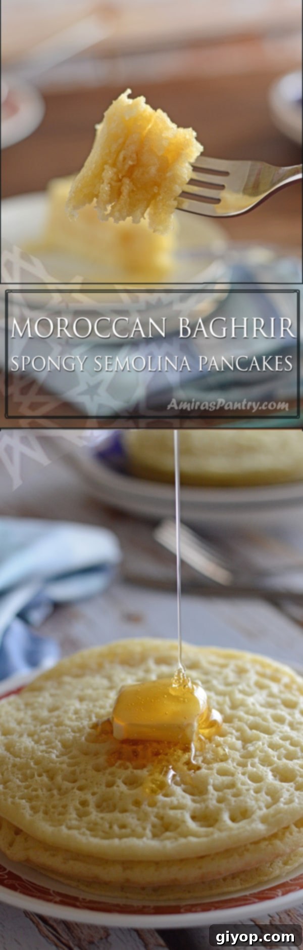 Moroccan Baghrir Thousand Hole Semolina Pancakes 8 An infographic detailing the steps for making Baghrir pancakes, showing ingredients and cooking process.