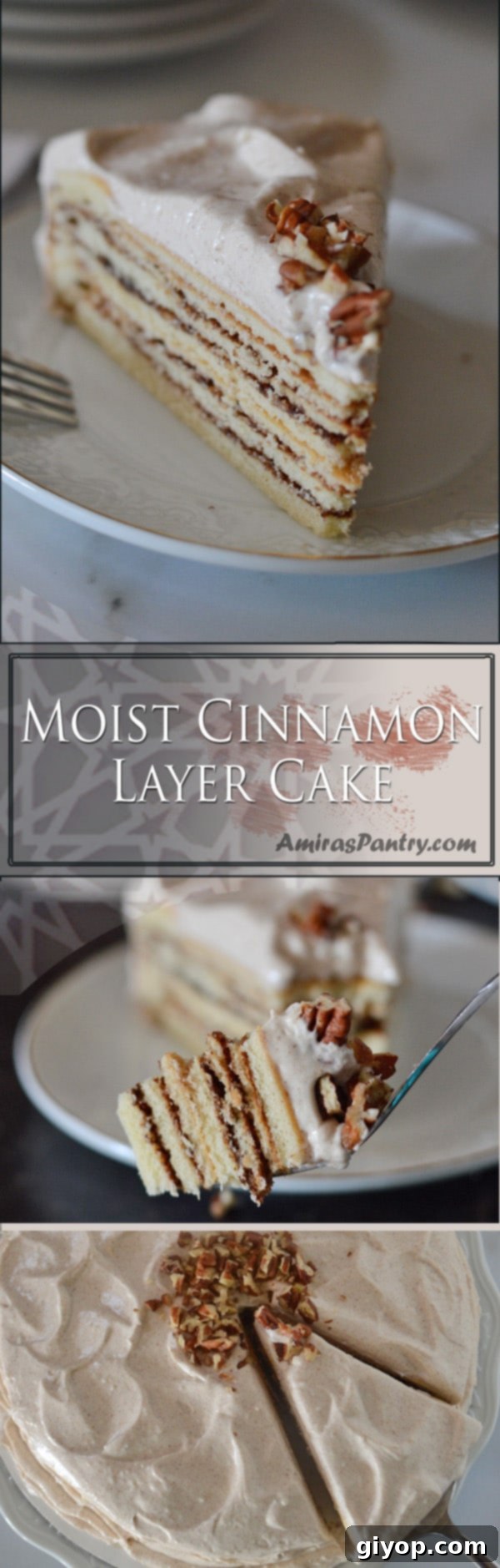 An overhead shot of the full cinnamon cake, artfully decorated with frosting and pecans, making it a perfect centerpiece for any special occasion or a cozy family treat.