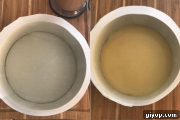 Detailed step-by-step photos demonstrating the ideal consistency of the blender-made cinnamon cake batter before layering.