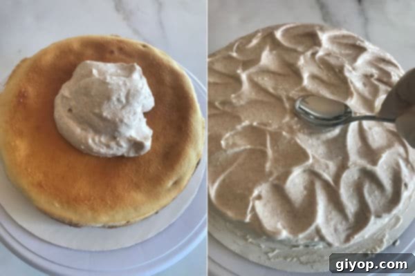 Close-up of a beautifully frosted cinnamon layer cake, elegantly decorated with subtle swoops and garnished with chopped pecans for an irresistible final touch.