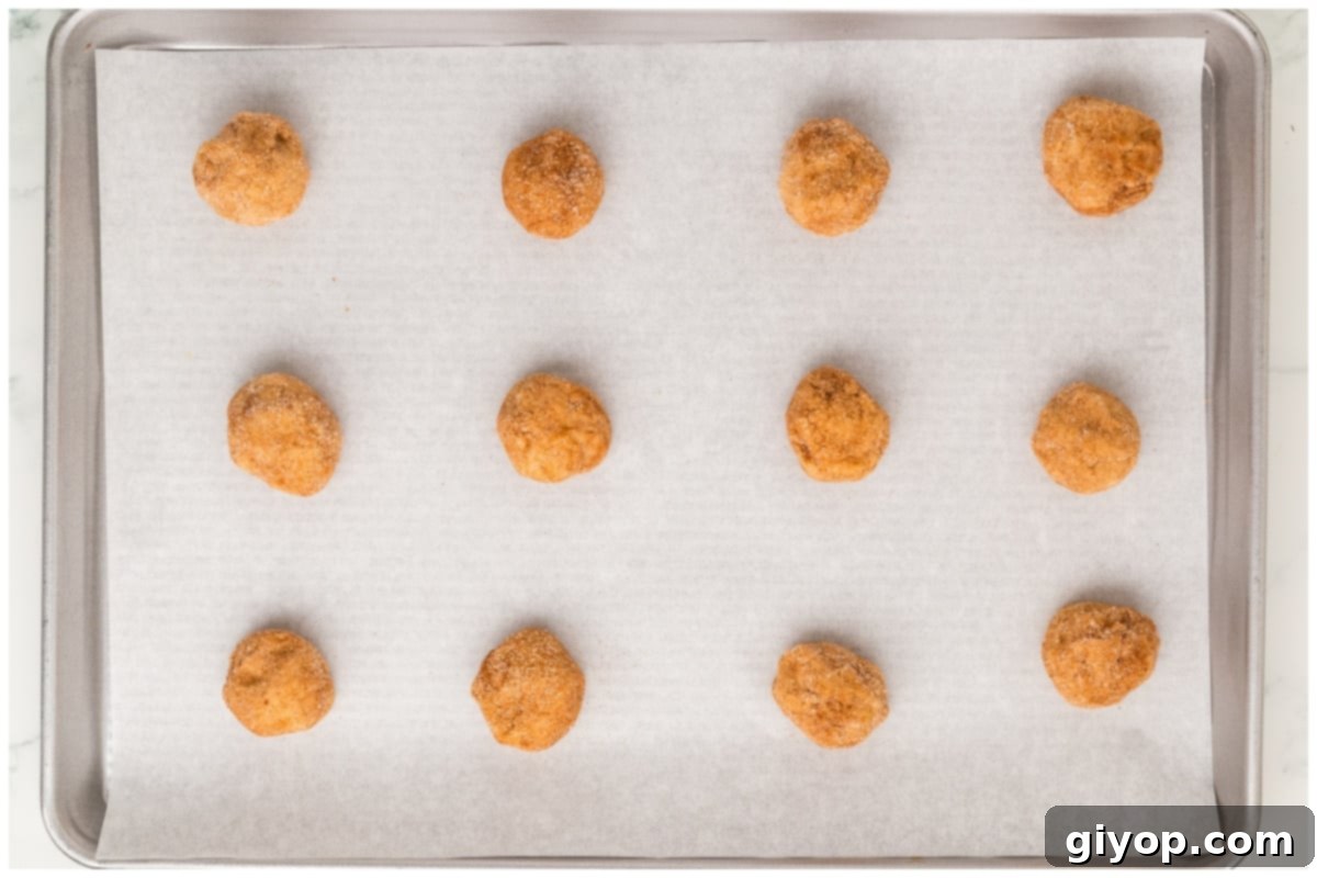 Snickerdoodle cookie dough on a cookie sheet.