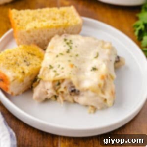 A close up image of a plate with a piece of Alfredo lasagna.