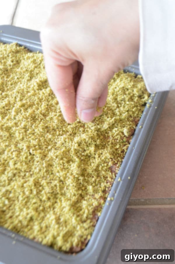 Pistachio-Packed Maamoul with Velvety Ashta 13 A close-up of a Ma'mool Mad bar, garnished with bright green ground pistachios, highlighting the delicate textures and vibrant color.