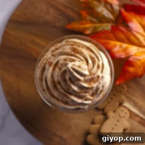 An overhead image of pumpkin whipped cream in a glass placed on a rustic wooden board.