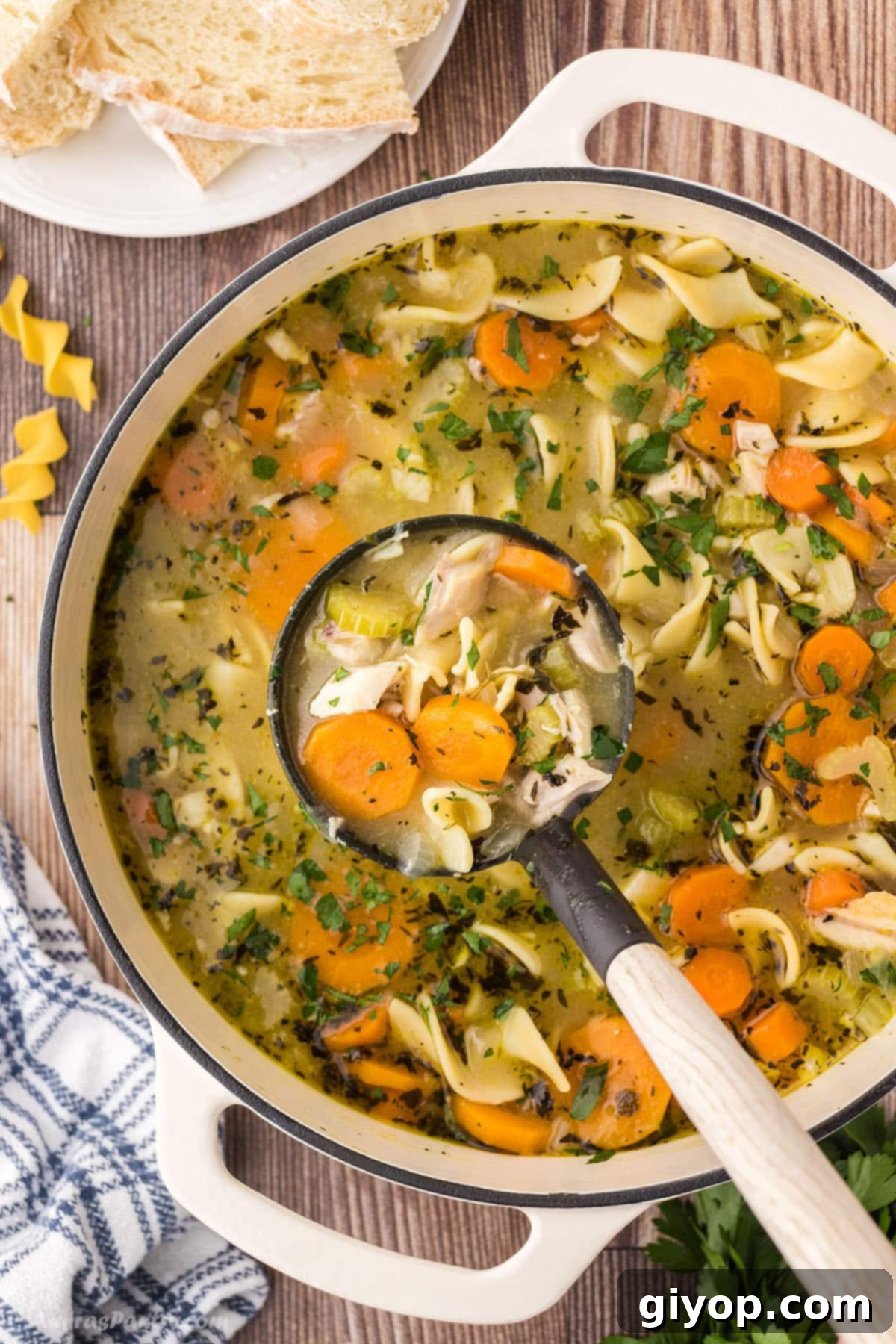 A ladle serving steaming chicken noodle soup from a large white pot, showcasing tender chicken, hearty vegetables, and perfectly cooked noodles in a rich broth.