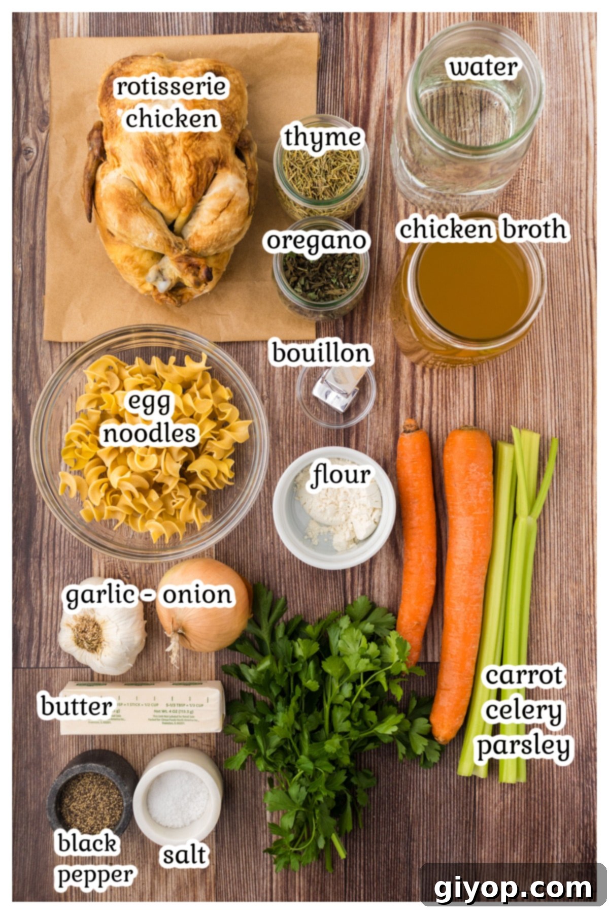 A colorful array of fresh ingredients for chicken noodle soup, including butter, onions, garlic, carrots, celery, flour, chicken bouillon, spices, broth, water, rotisserie chicken, and egg noodles.