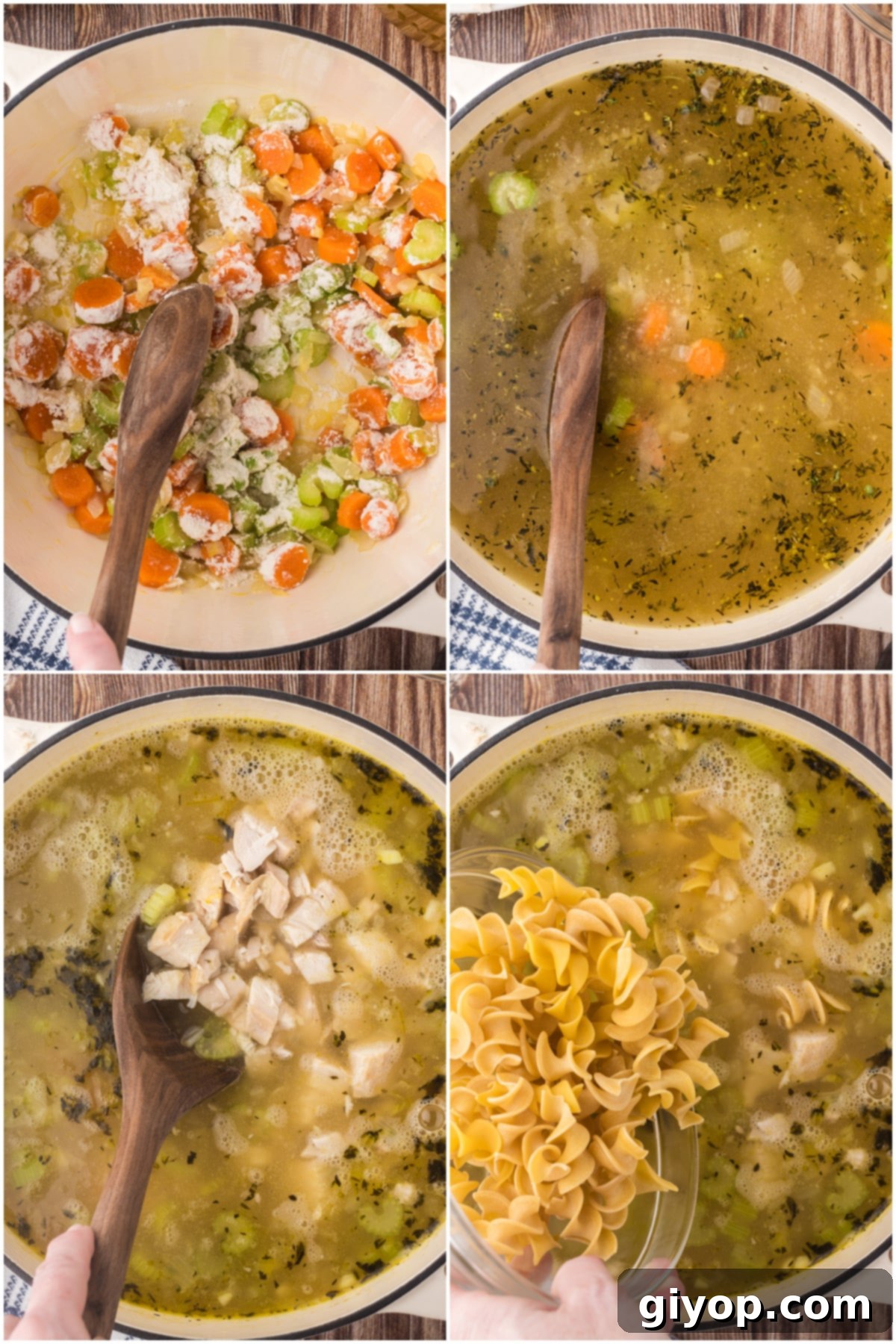 A four-panel collage showing the cooking process of chicken noodle soup: sautéing vegetables, adding broth, simmering with chicken, and finishing with noodles.