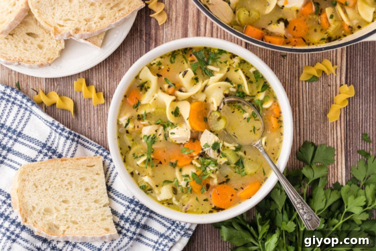 An inviting overhead view of a bowl of chicken noodle soup, garnished with fresh parsley, served with a side of crusty bread on a rustic wooden surface.