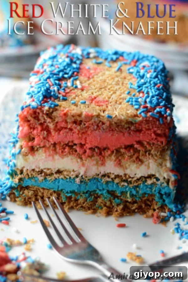 Tricolor Ice Cream Knafeh Delight 2 A close up of a piece of cake on a table, with Red White Blue Colors, Knafeh Ice Cream Cake