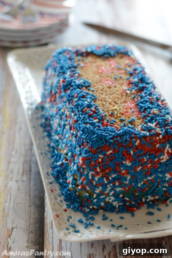 Tricolor Ice Cream Knafeh Delight 3 A cake on a plate with Red, White and blue colors, Patriotic Ice Cream Cake