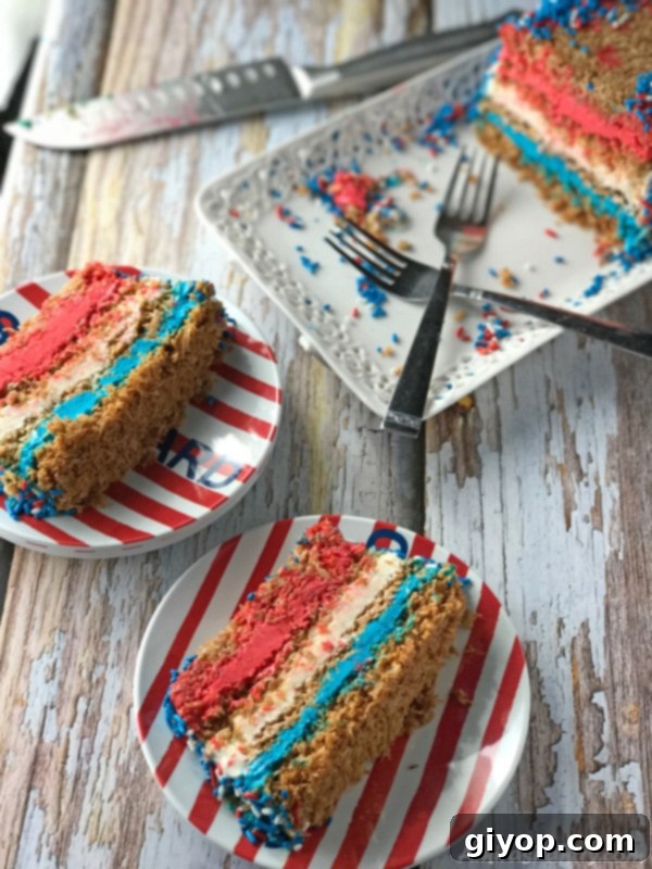 Tricolor Ice Cream Knafeh Delight 4 A close up of a plate with red white blue cake on a table, with Ice cream, Knafeh layers
