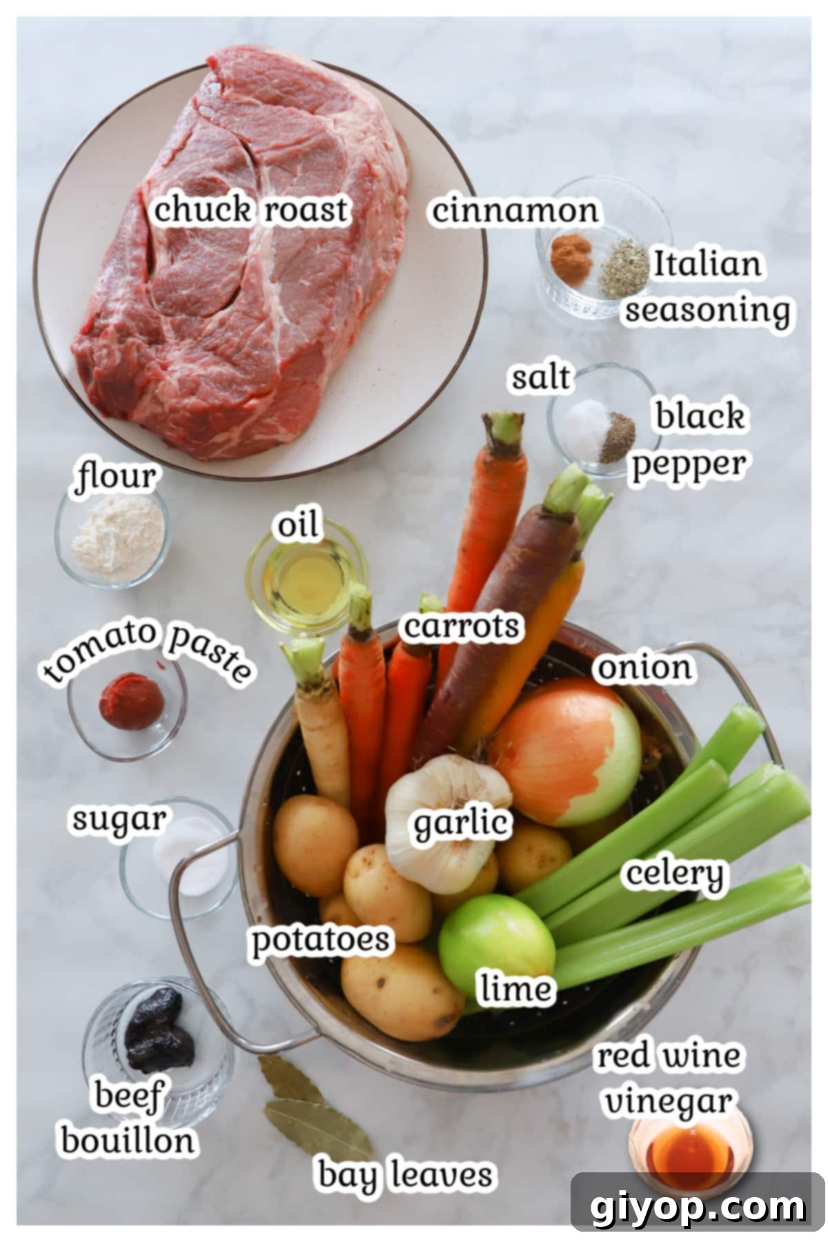 Fresh ingredients laid out on a table, including chuck roast, various vegetables, and spices for the pot roast recipe.