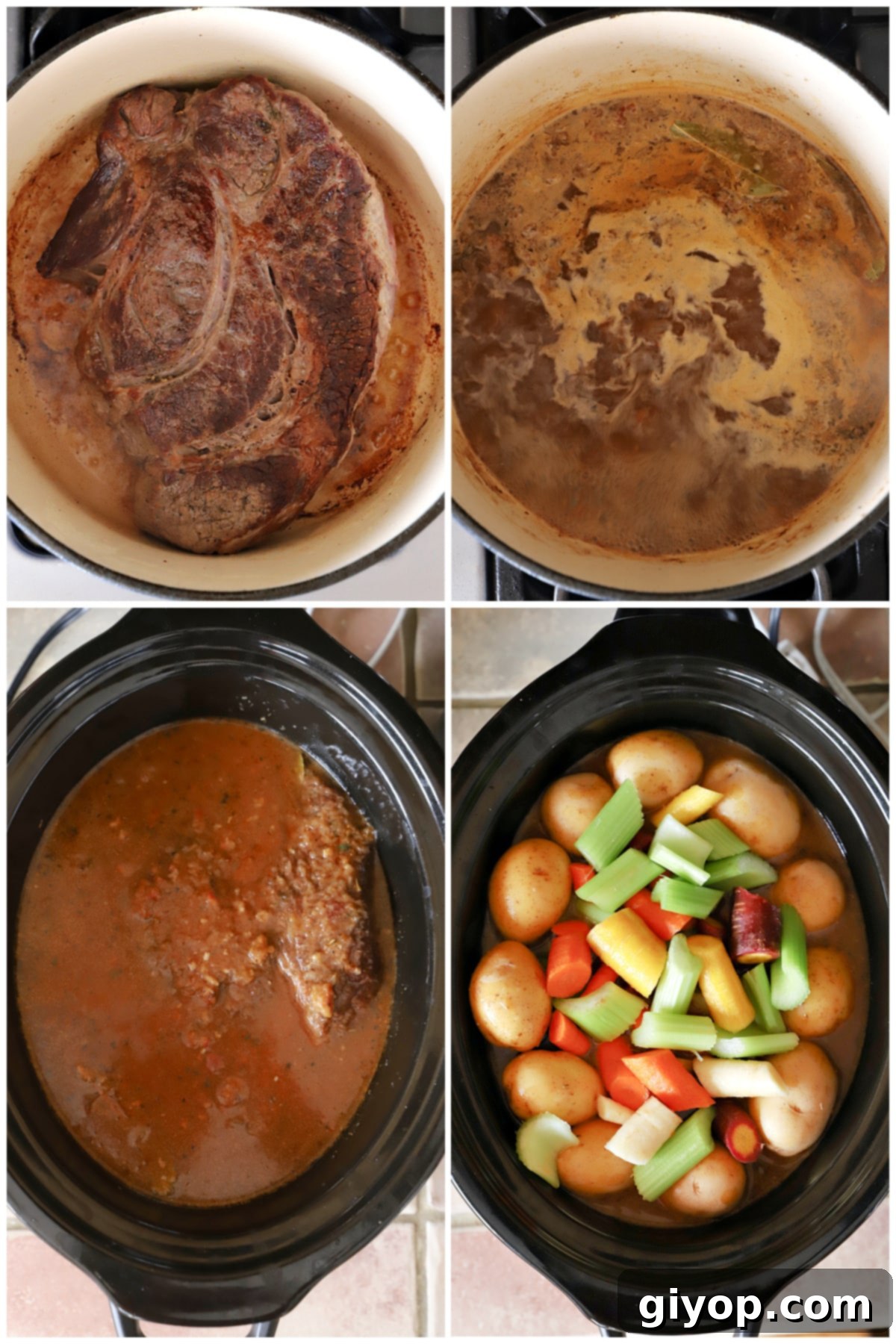 A four-image collage showing the preparation stages of the pot roast recipe, from searing beef to adding vegetables.
