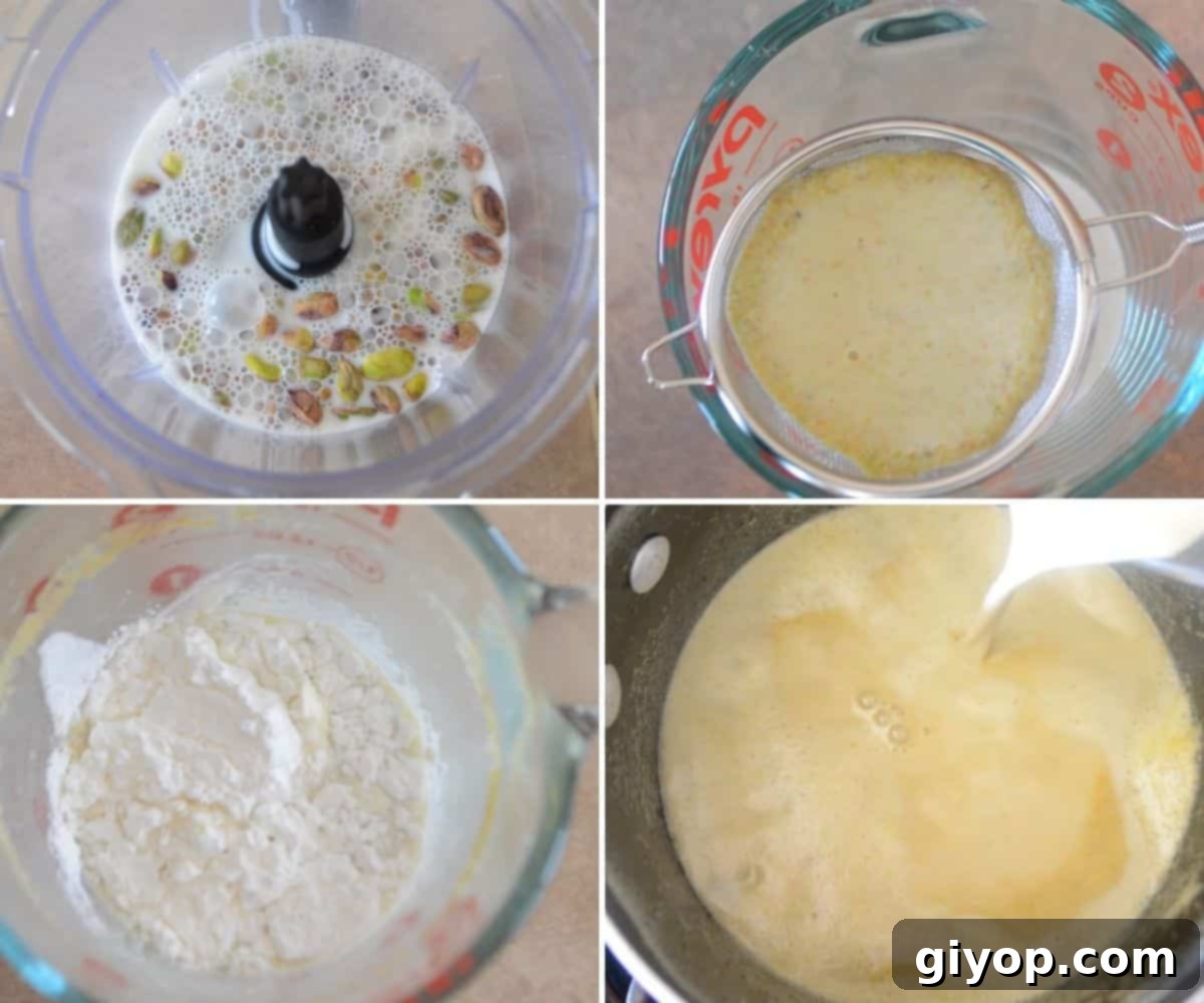 Velvet Pistachio Delight 4 A visual guide showing a collage of four images illustrating the sequential steps to prepare homemade pistachio pudding, from blending ingredients to stovetop cooking and final chilling process, ready for serving.