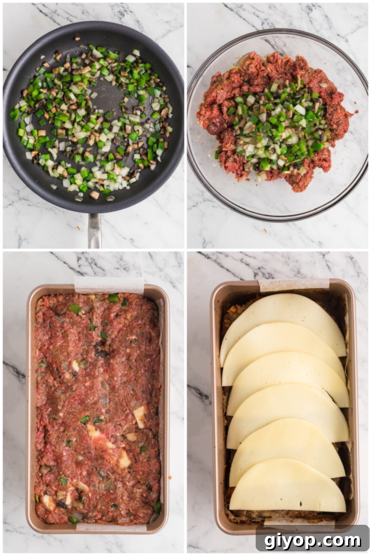 A four-panel collage showing the preparation stages of Philly Cheesesteak Meatloaf, including sautéing vegetables, mixing ingredients, shaping the loaf, and baking with cheese topping.