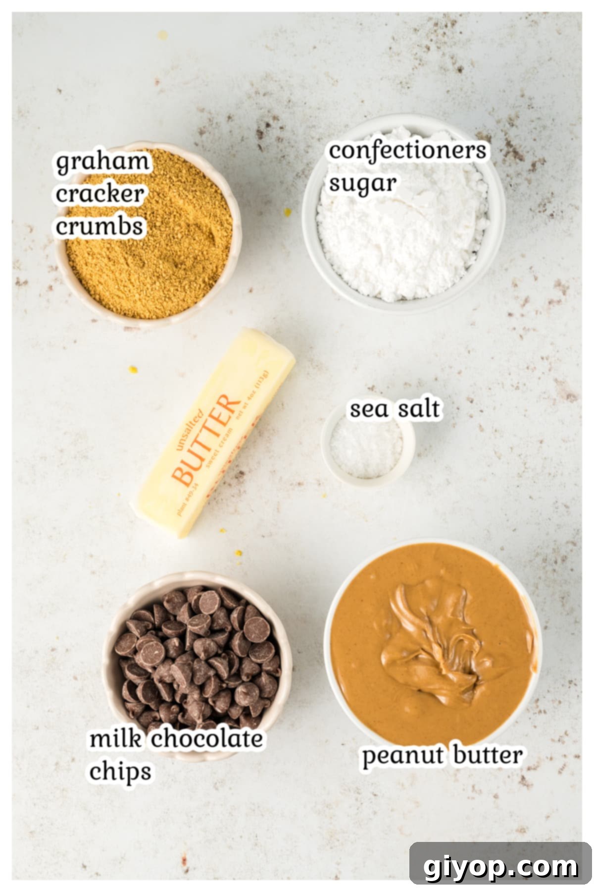 A flat lay image showing all the ingredients for the no-bake peanut butter bars recipe.