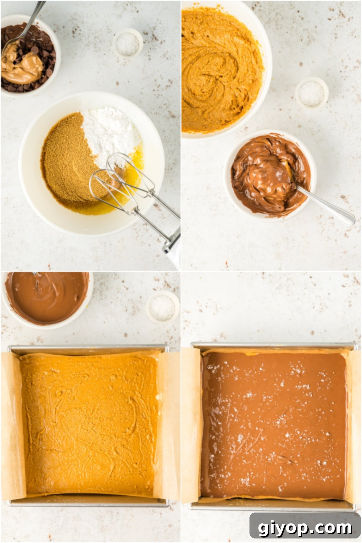 A four-image collage showing the step-by-step process to make no-bake peanut butter bars.