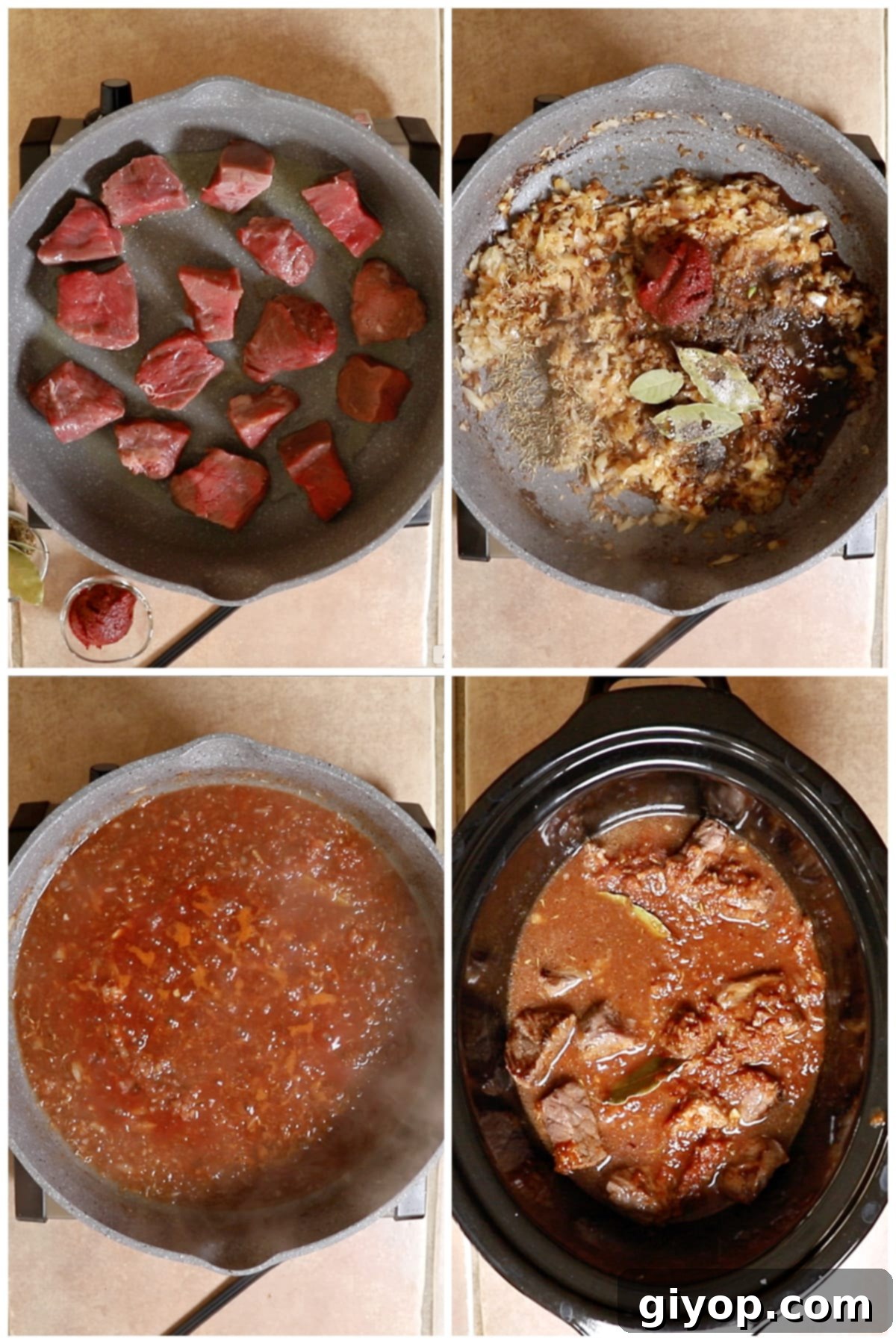 A four image collage with instructions to make the slow cooker beef and noodles recipe step by step.