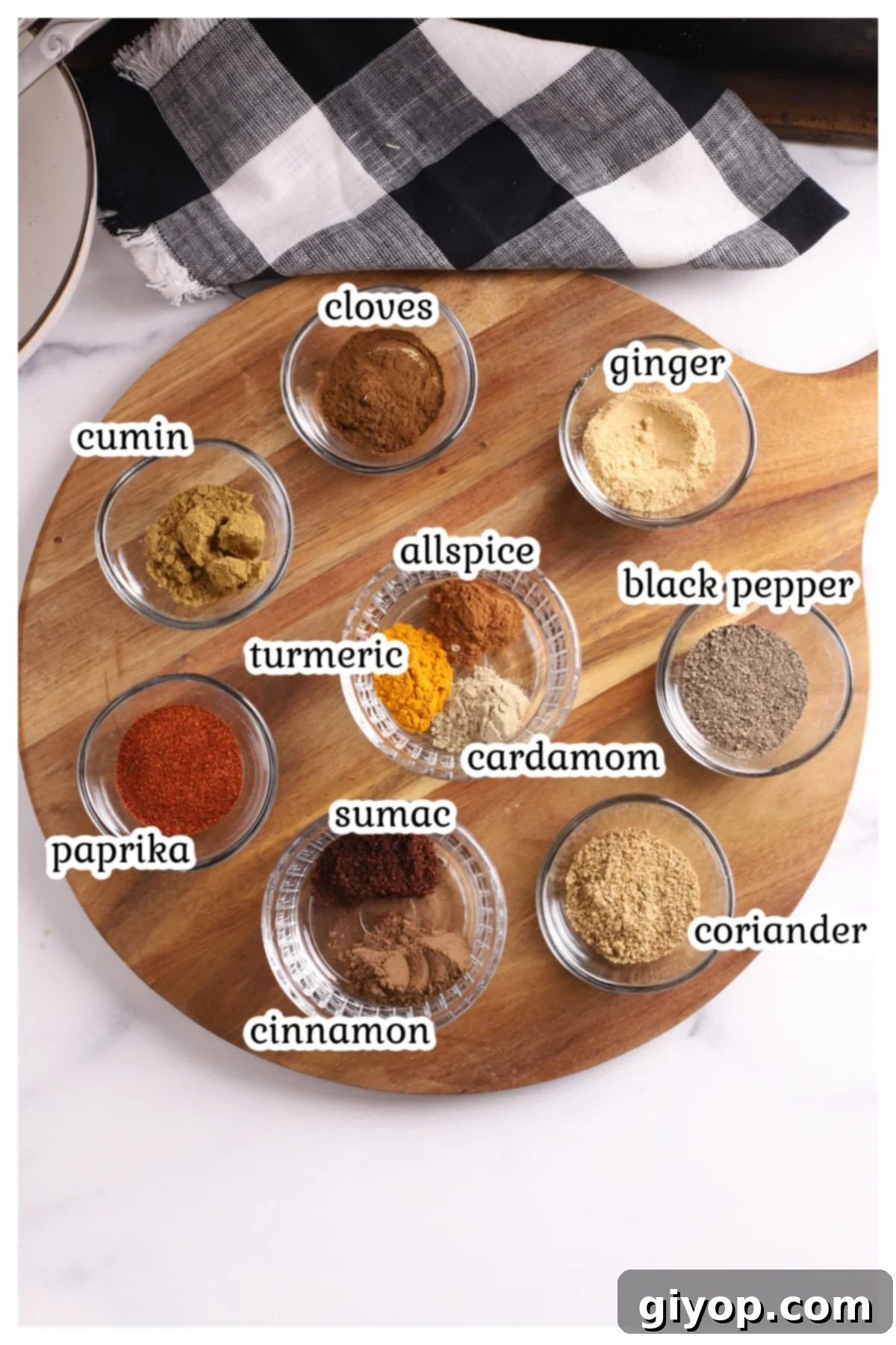 Ingredients for shawarma seasoning with text overlay.
