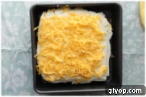 Meatloaf casserole topped with fluffy mashed potatoes and a generous sprinkle of shredded cheese, ready for the final bake.