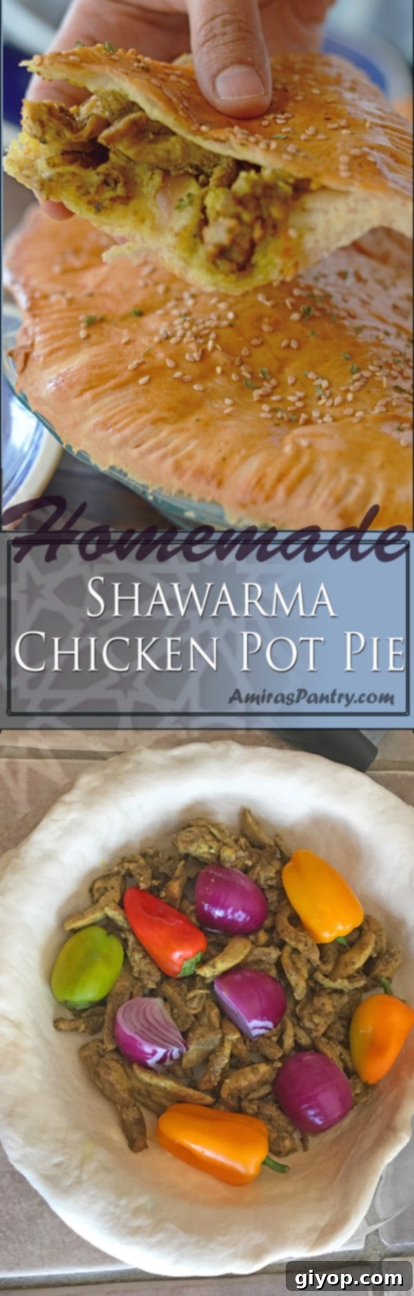An infographic summarizing the Chicken Shawarma Pie recipe.