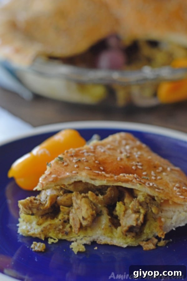 A close-up of the delicious chicken shawarma pie, highlighting the texture and filling.