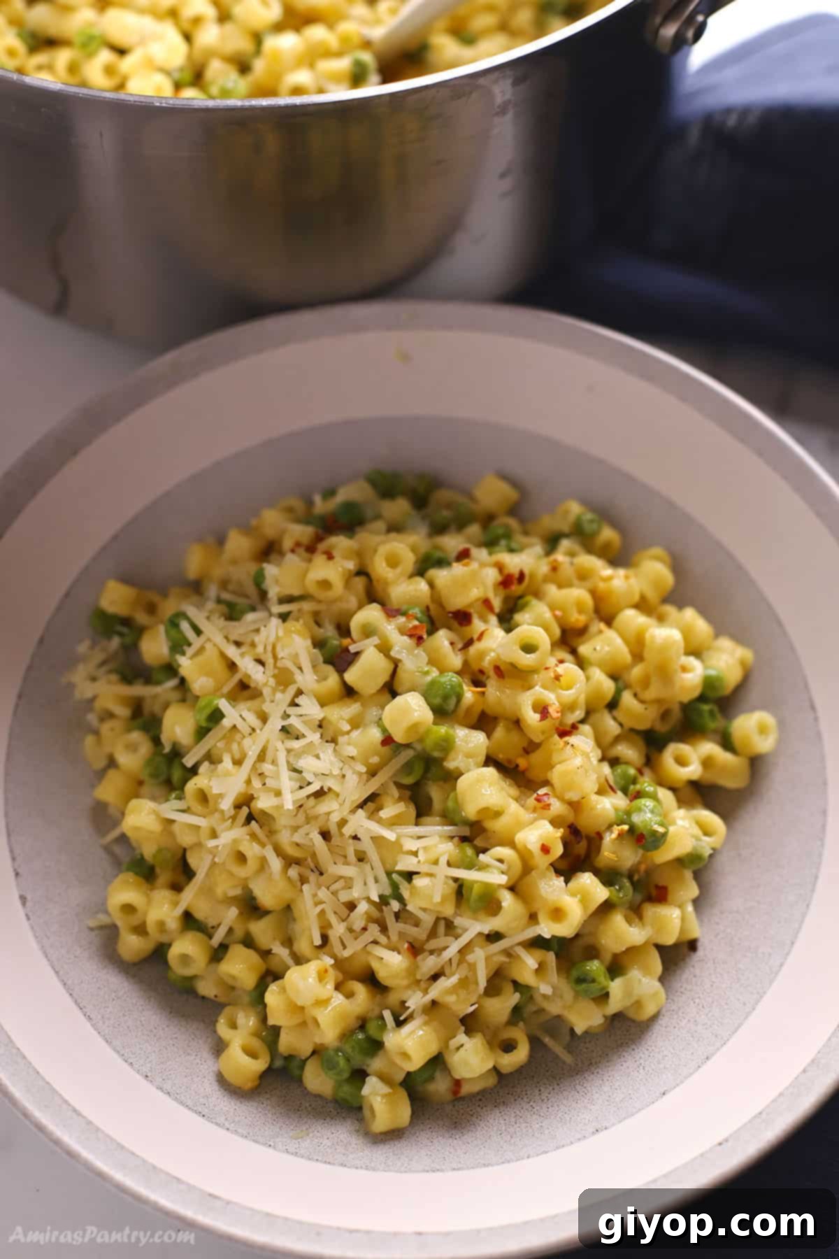 Creamy Pasta with Peas 2 A comforting bowl of Pasta e Piselli, a classic Italian pasta with peas dish, perfect for a quick and delicious weeknight dinner.