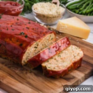 Hearty Chicken Meatloaf 4 Chicken meatloaf on a wooden board.