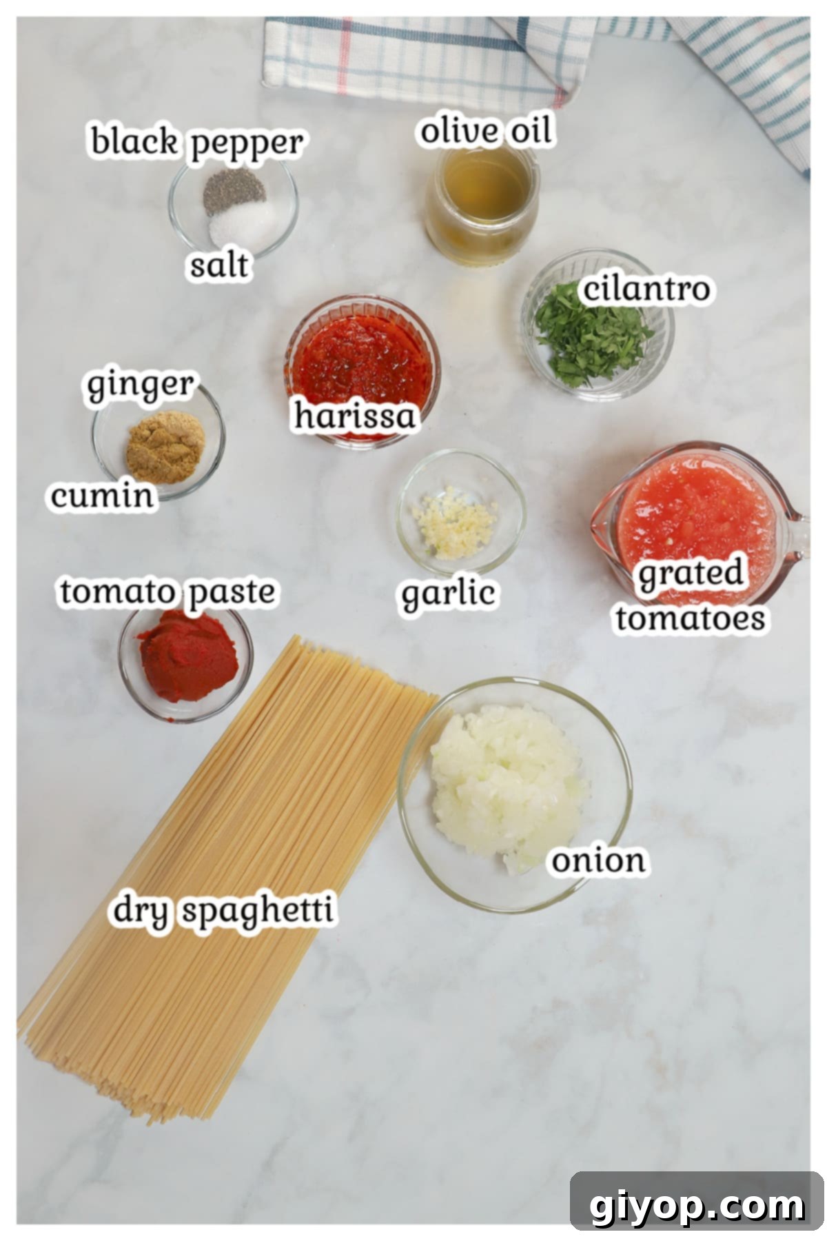 Fresh ingredients laid out for a harissa pasta recipe, including vibrant Roma tomatoes, garlic, onion, and a selection of aromatic spices.