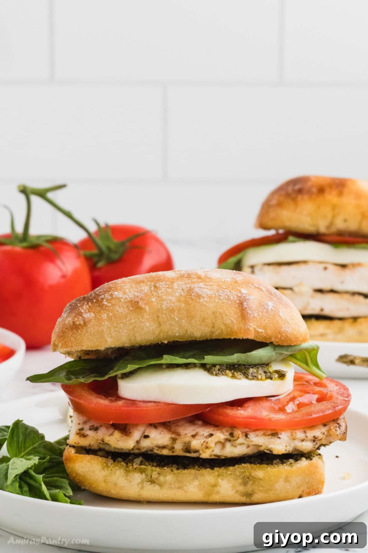 Sun-Kissed Caprese Chicken Sandwich 2 A delicious Chicken Caprese sandwich with fresh tomatoes and mozzarella in the background.