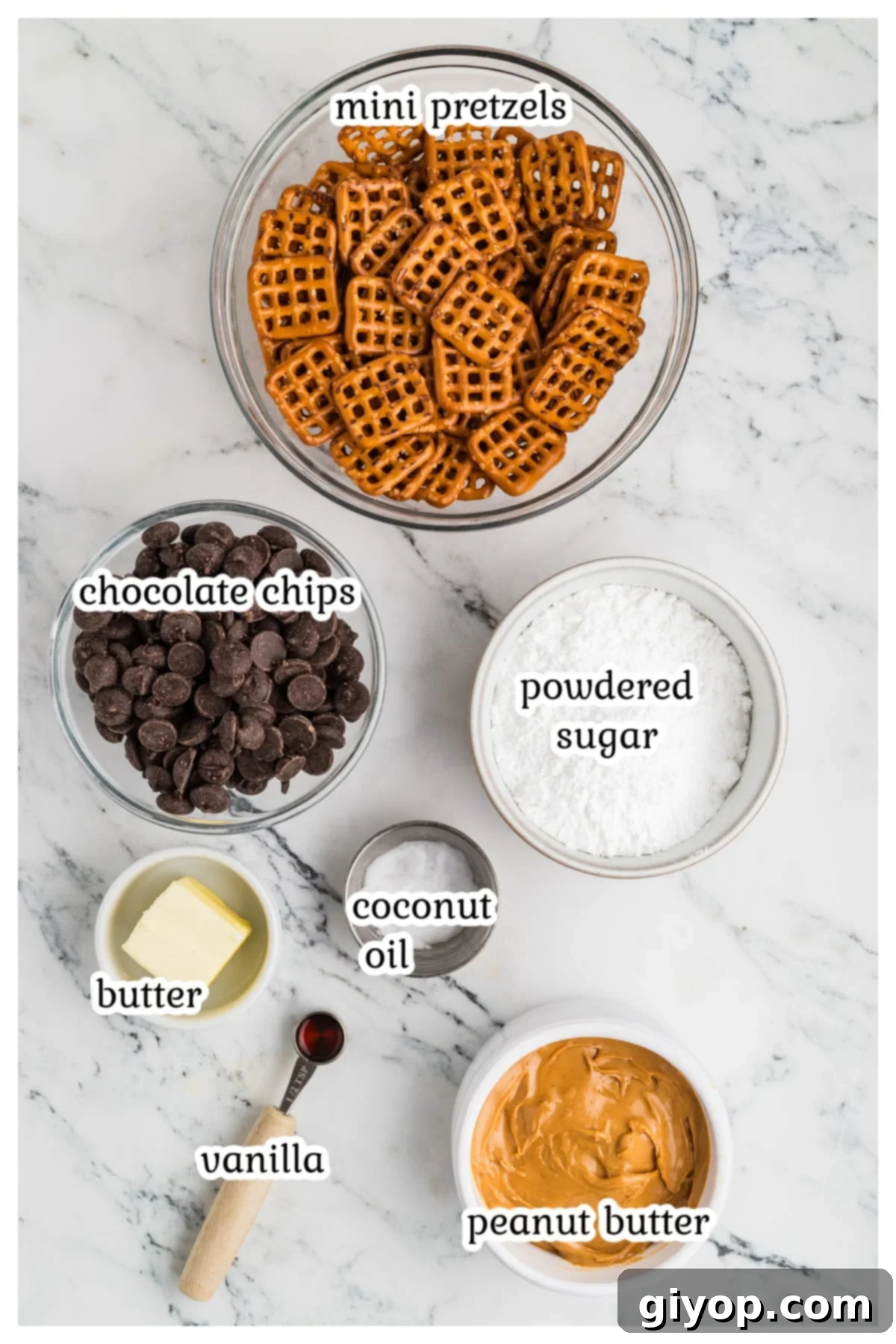 Ingredients for peanut butter pretzel bites.