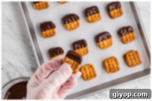 A hand holding one peanut butter prestzel bite dipped in chocolate.