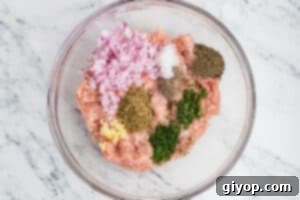 A bowl with ground chicken, herbs and onions, before mixing.