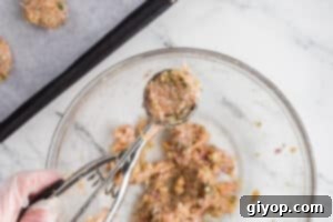 A scoop with chicken meatballs mixture, ready to be rolled.