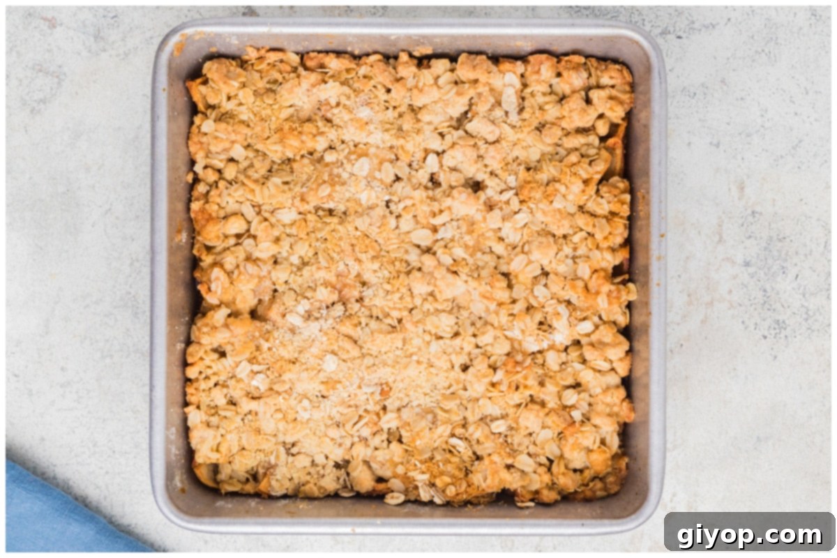 Decadent Salted Caramel Apple Pie Bars 12 Freshly baked apple pie bars still in the square pan, with a golden-brown streusel topping and bubbling apple filling, cooling before slicing.