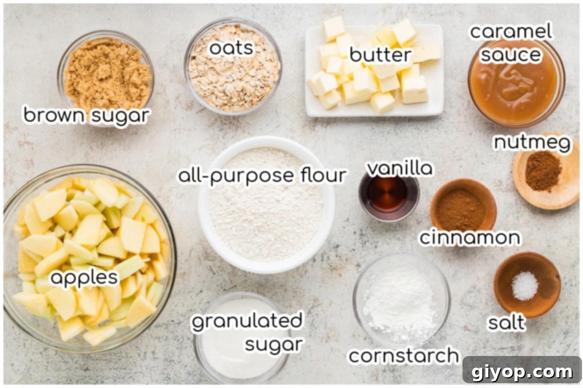 Decadent Salted Caramel Apple Pie Bars 6 All the fresh ingredients for homemade apple pie bars, including crisp apples, butter, flour, sugar, and cinnamon, neatly arranged on a rustic wooden surface, ready for baking.