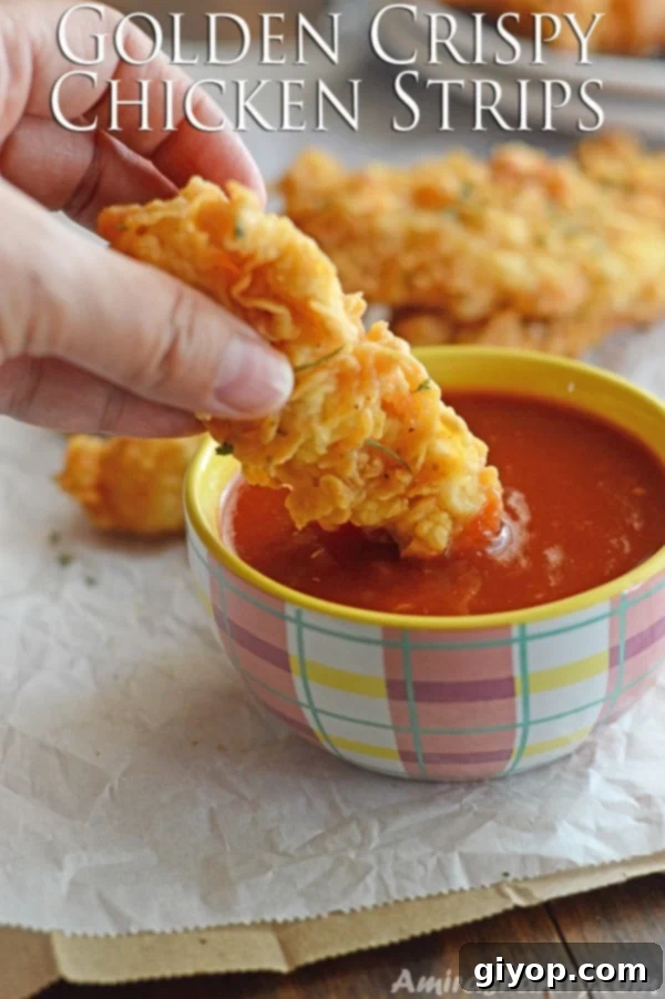 Golden crispy chicken strip dipped in creamy sauce, showcasing its perfect crunch.