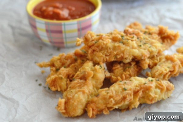 Platter of golden crispy chicken strips served with a side of savory dipping sauce.