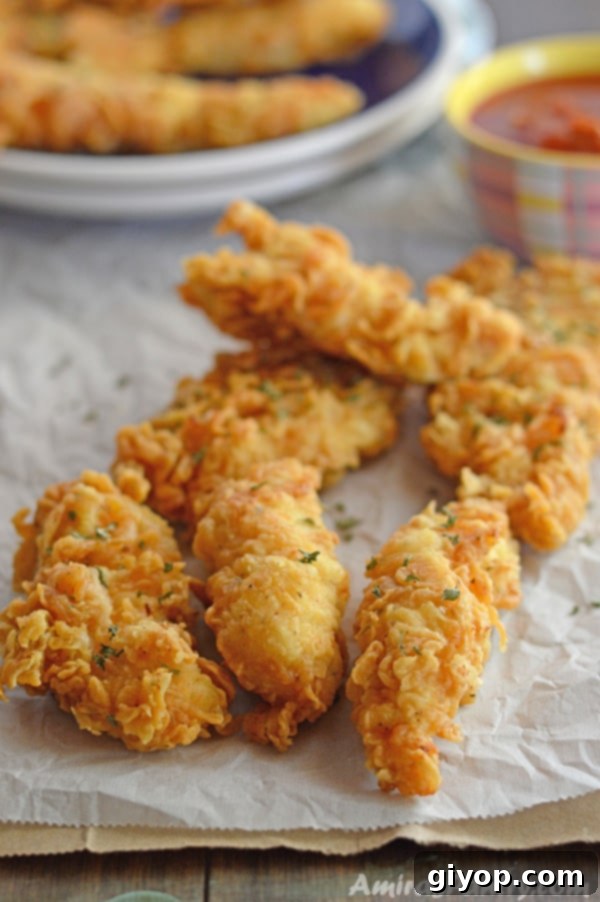 Close-up of perfectly golden and crispy homemade chicken strips.