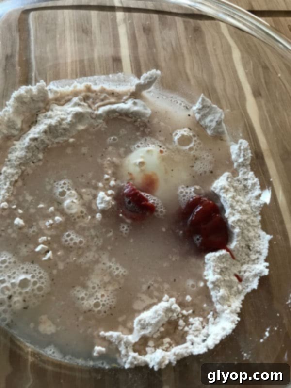 Wet ingredients including ketchup and tomato paste being added to the dry marinade mixture.