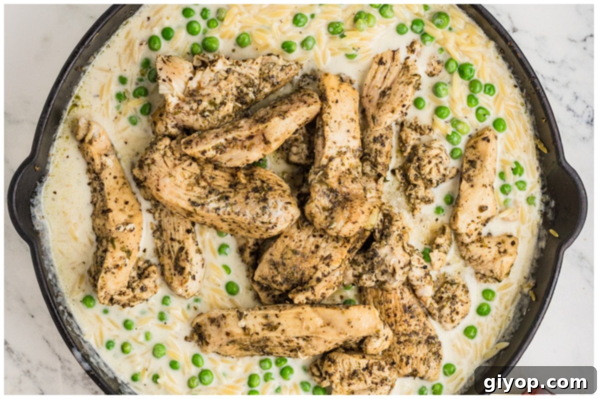 Bright Lemon Chicken Orzo 11 A completed one-pot meal of creamy lemon chicken orzo with tender chicken and bright green peas in a skillet.