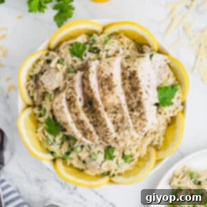 Bright Lemon Chicken Orzo 4 A white bowl of creamy lemon chicken orzo garnished with fresh lemon slices and herbs.