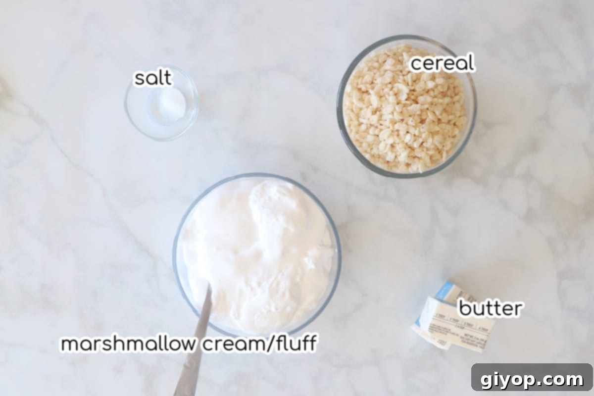 A neat arrangement of all the essential ingredients for Rice Krispie treats laid out on a clean counter, ready for preparation.