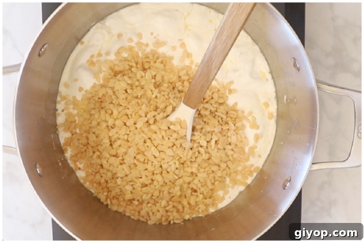 Toasted Rice Krispies cereal freshly added to the warm, melted marshmallow fluff inside a large pot, ready to be gently folded together.