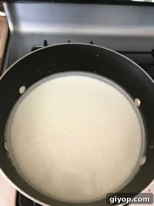 A close up of a pan on a stove, with Rice pudding
